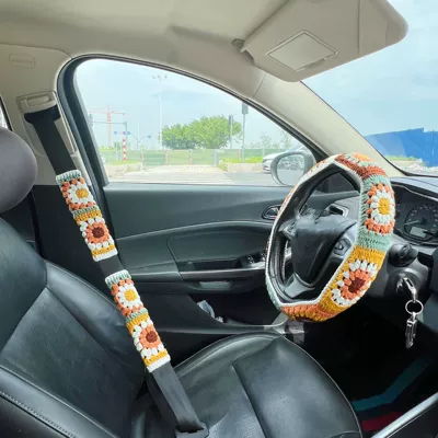Steering wheel cover — Warm Seat Belt Cover - orange-flower-steering-wheel-set-3-pieces-36-40cm