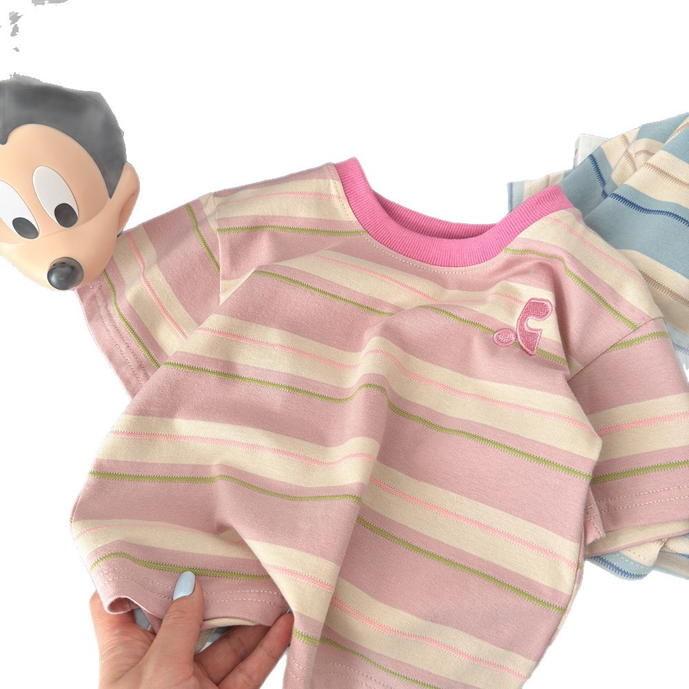 Children's T-Shirt 2026 Summer New Stylish Short-Sleeve T-Shirt for Boys and Girls, Embroidered Striped Top for Toddlers and Young Children, Baby Base Layer