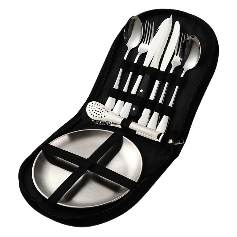 Viajes al aire libre vajilla de acero inoxidable camping picnic barbacoa placa clip cuchillo carne, tenedor y cuchara traje bolsa almacenamiento portátil