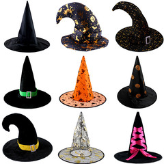ハロウィーン舞踏会パーティー帽子魔女帽子魔女帽子ガーゼ帽子プリントカボチャ帽子黒尖帽子