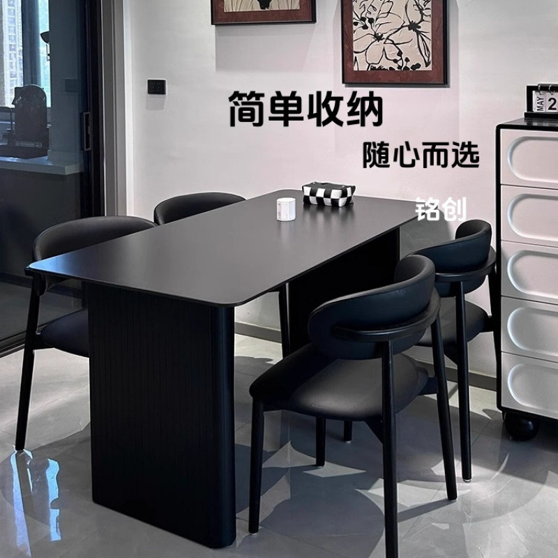 Italiano minimalista negro mate tabla de roca mesa de comedor silla combinación de casa pequeña de lujo ligera casa de alquiler de mesa de comedor rectangular