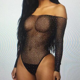 Factory direct supply Europe and the United States perspective sexy sexy lingerie hot drilling crotch long sleeve tight net clothing shoulder jumpsuit