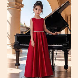 儿童礼服高端典雅长款圆领无袖大裙摆晚礼服小提琴演奏生日主持人