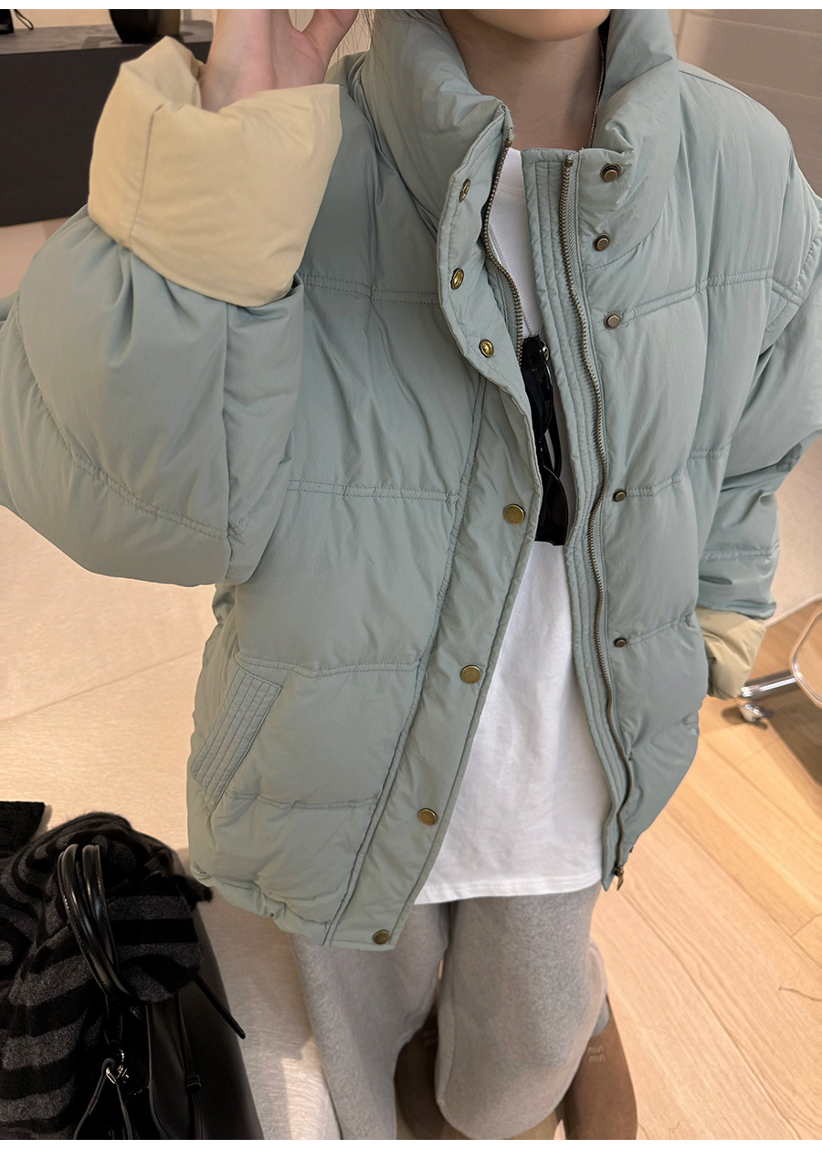 黎诺韩系休闲拼色白鸭绒羽绒服女2024冬季新款立领宽松面包服外套详情15