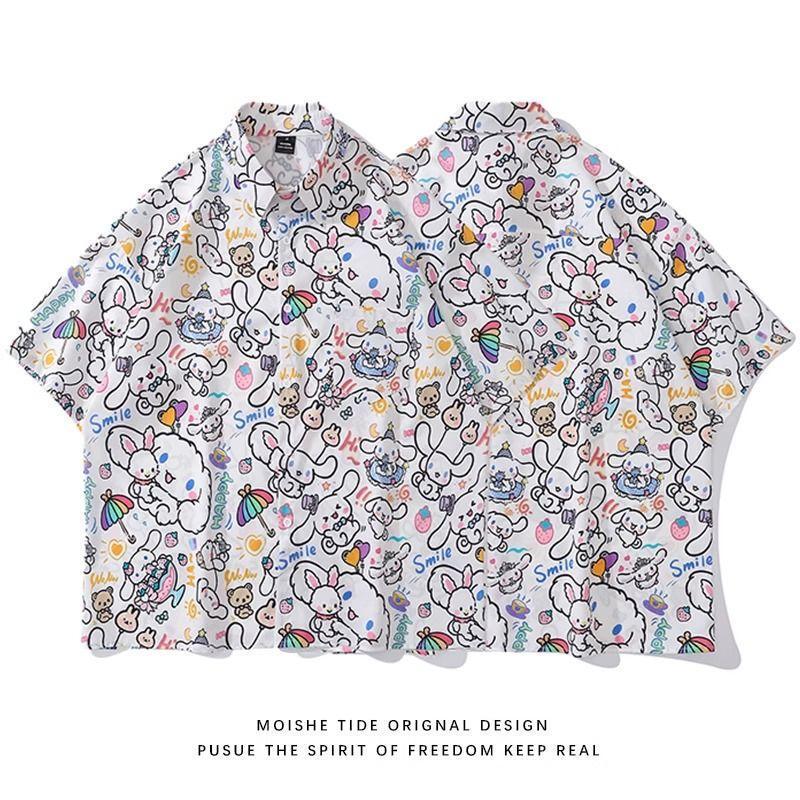 Short-Sleeved Shirt for Women, Summer Loose Casual Shirt, Japanese Style Fun Rabbit Print Loose Holiday Style Light Jacket Short-Sleeved Shirt for Women, Summer Loose Casual Shirt, Japanese Style Fun Rabbit Print Loose Holiday Style Light Jacket