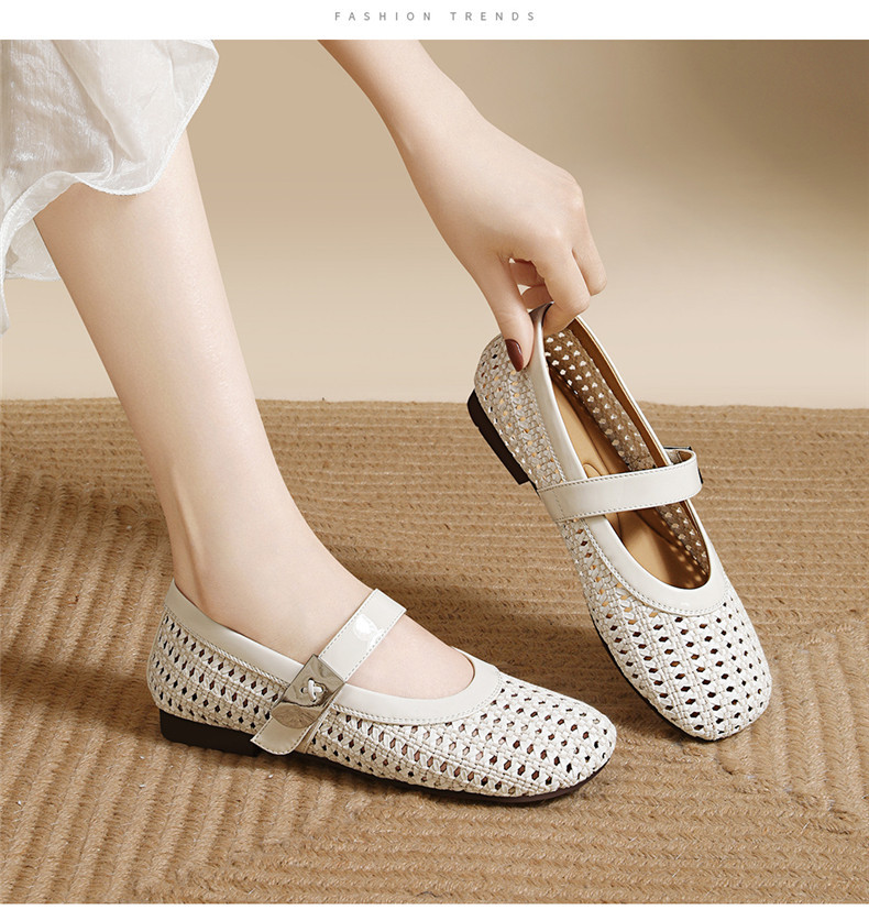 Giày Mary Jane nữ đế bệt mũi tròn, mặt lưới rỗng dệt, gót 1.5 cm — JST 6057 Màu cà phê theo chiều cao 1.5cm, JST 6057 Màu be và chiều cao 1,5cm chi tiết 9