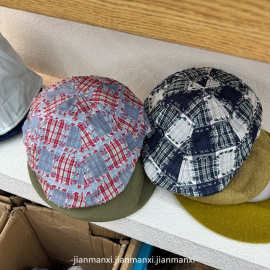 日系拼色贴布格子前进帽女2025春季新款复古百搭显脸小鸭舌报童帽