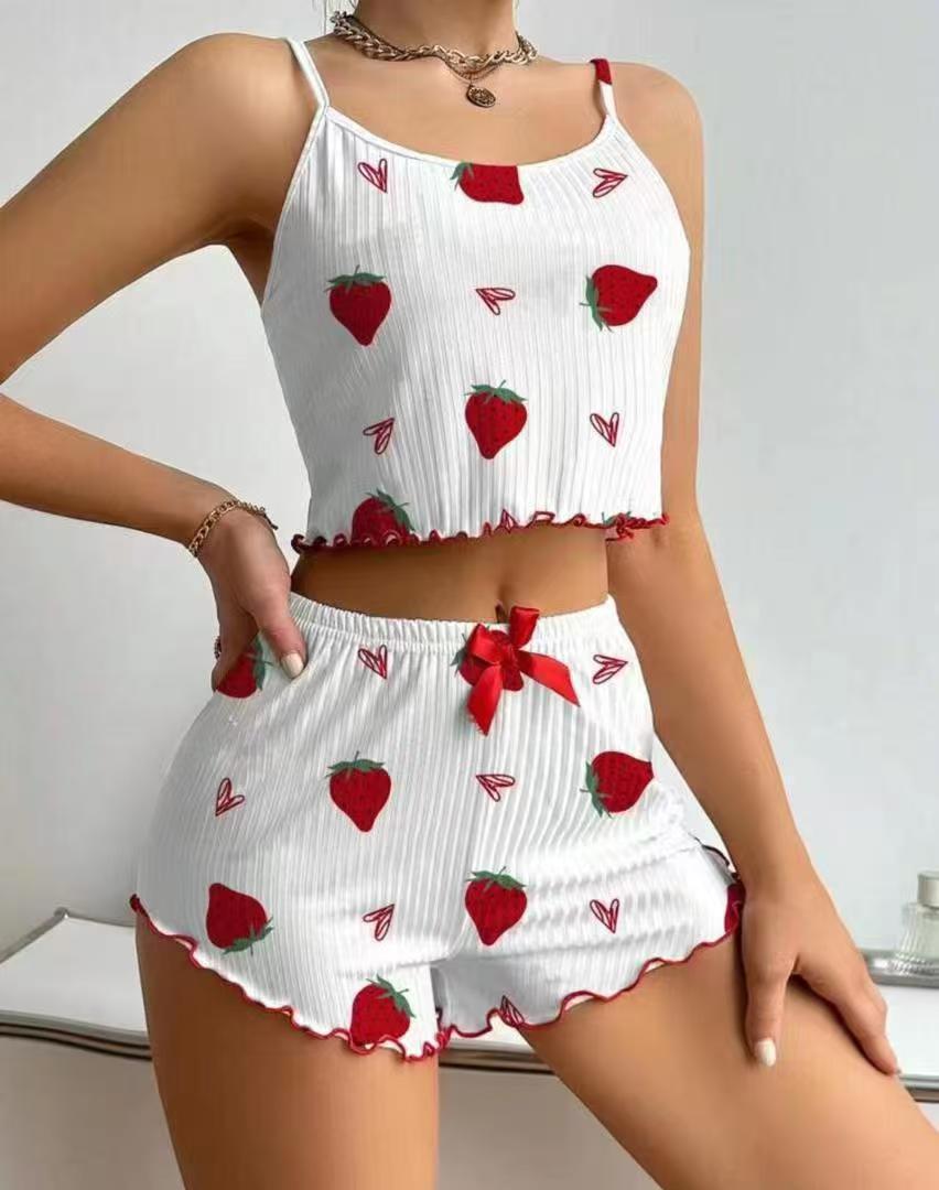 Summer Season Home Daily Women's Cute Heart Shape Strawberry Polyester Cotton Polyester Shorts Co-ord Set Pajama Sets