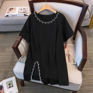 Round Neck New Plus Size Slimming Look Loose Mid-Length Slit Short-Sleeved T-Shirt for Women 200/300/350 Pounds 7111