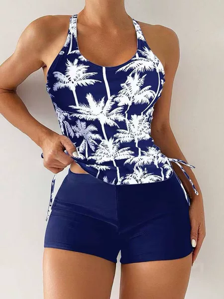 2025 European and American New Foreign Trade Cross-border Printed Spice Girls Tight Backless Drawstring Belly Covering Slimming Split Swimsuit Women