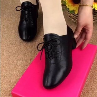 Soft leather single-layer shoes for women 2024 spring new chunky heel mid-low heel women's shoes square toe lace-up black mom leather shoes