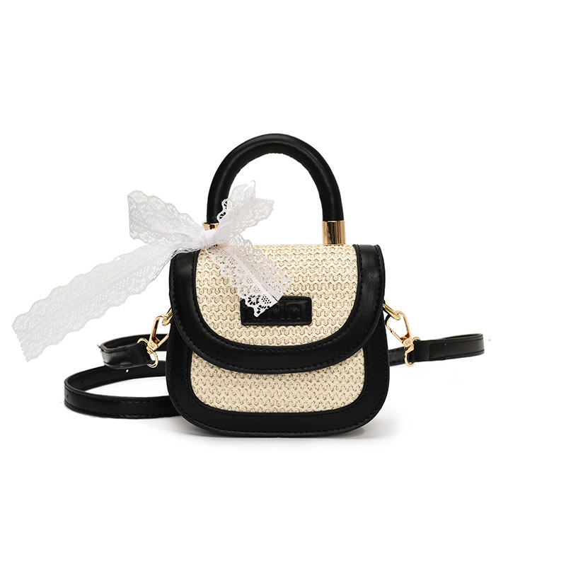 Bolso de hombro para niña de color de contraste de moda coreana mini bolso de paja para bebé lindo bolso para niños con pajarita de bufanda de seda dulce