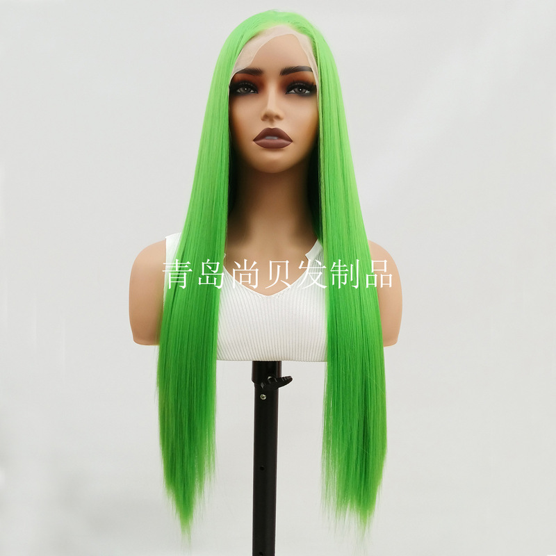 European and American Cross-Border Wig, Emerald Green Lace Front, Fashionable Middle-Parted Long Straight Hair, High-Temperature Synthetic Fiber Wig, Wholesale from Manufacturer