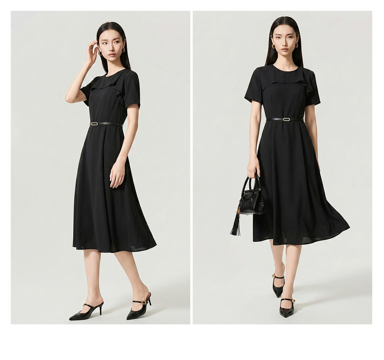 Đầm maxi nữ thắt eo chất liệu chiffon, cổ phiêu bèo nhún, tay ngắn — màu đen chi tiết 22