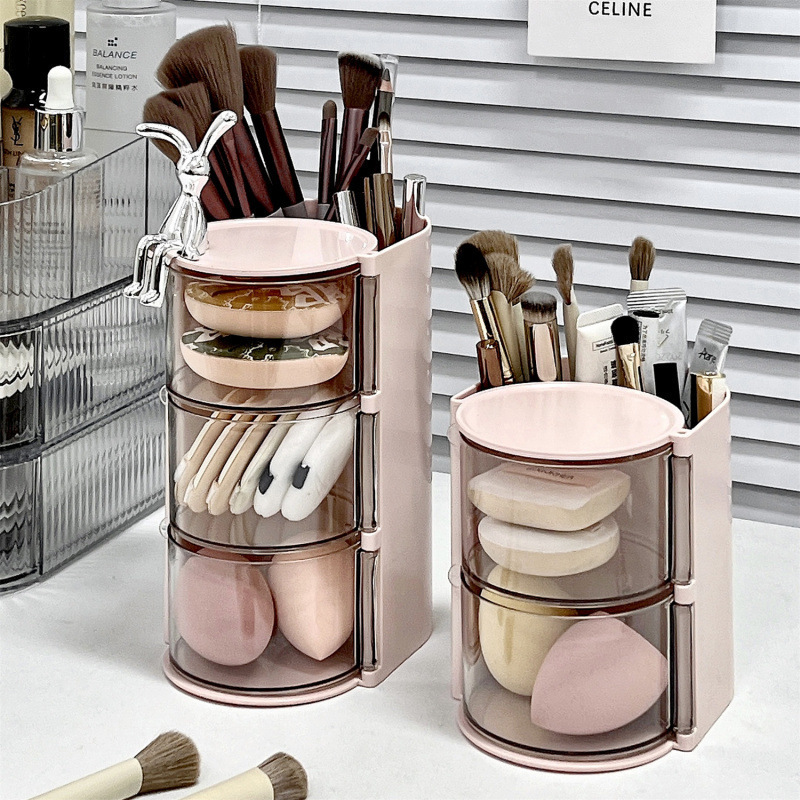 Powder Puff Desktop Storage Box Rotating Dust-Proof Vanity Makeup Sponge Cushion Lipstick Makeup Brush Storage Holder Organizer