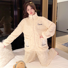 冬季新款睡衣女长毛绒加肥大码拉链运动可外穿家居服套装