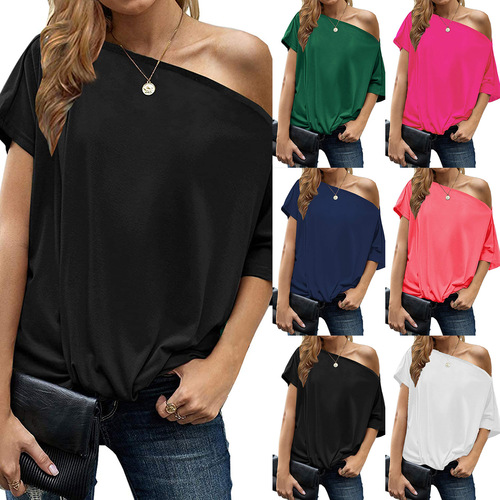 Amazon European and American Style Solid Color eBay Off-Shoulder Irregular T-Shirt Women's Loose Short-Sleeved Top