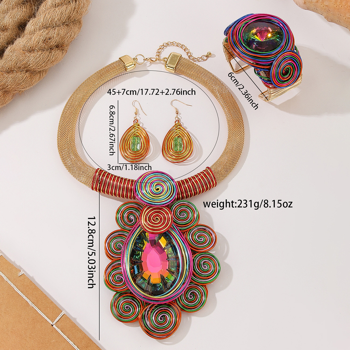 Exaggerated Handmade Aluminium Wire Crystal Jewelry Set Necklace_voghion.com