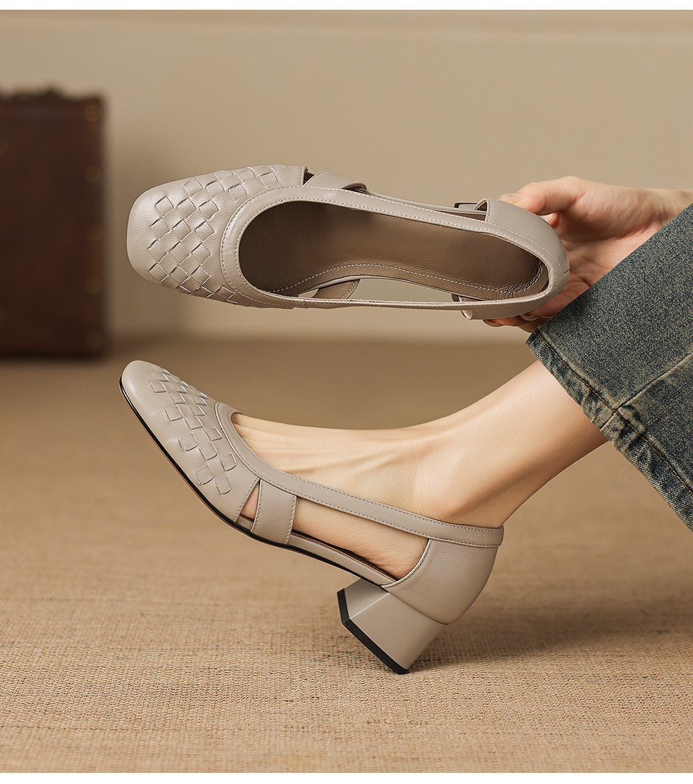 Giày sandal nữ mũi vuông gót thấp 3 cm, da cừu, hở mũi, phong cách thời trang — đen chi tiết 14