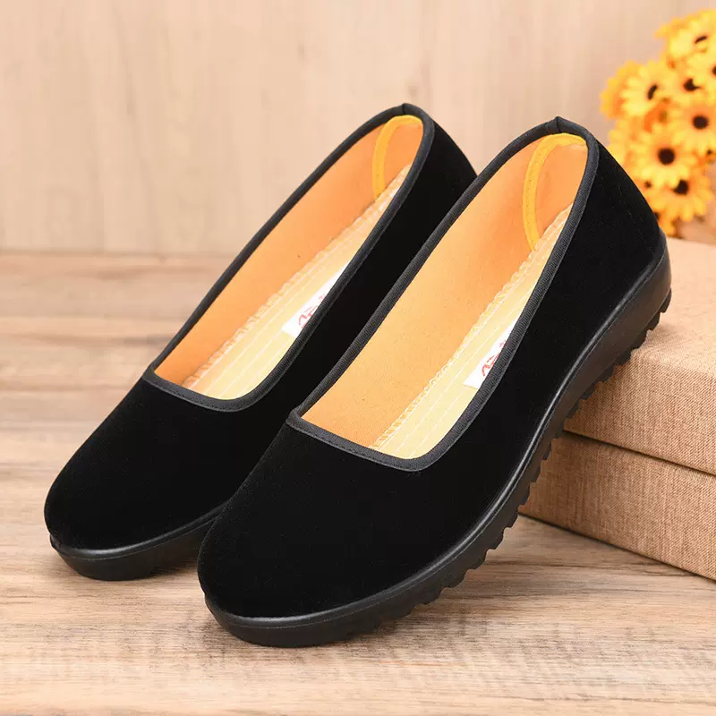 老北京布鞋女黑一带礼仪鞋酒店工作平底防滑方口黑布鞋舞蹈鞋