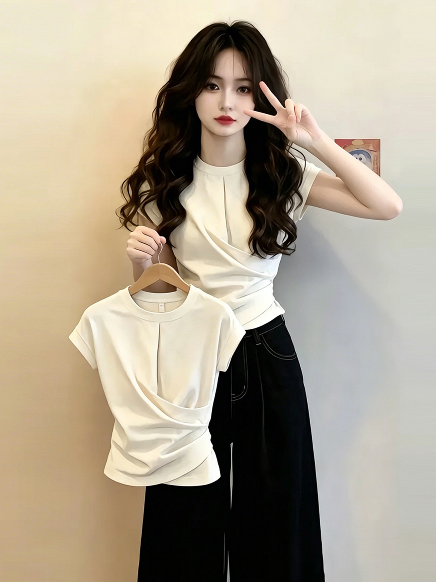 Áo thun nữ cổ tròn tay ngắn thiết kế mới mùa hè — màu trắng ngà