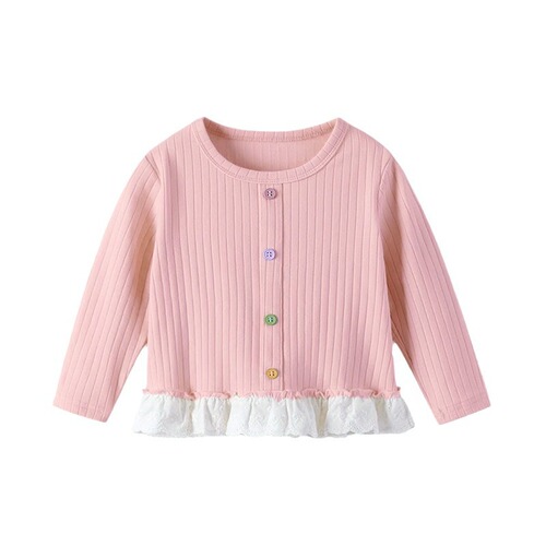 Autumn New Women and Children Lace Edge Top Children's Colorful Button Sweet Long Sleeve T-Shirt for Girls and Babies