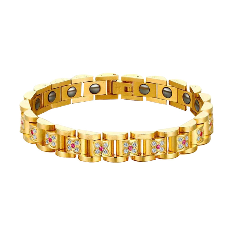 Pulsera de acero inoxidable al por mayor de AliExpress con diamantes de color rojo, joyería de cadena magnética dorada para hombre.