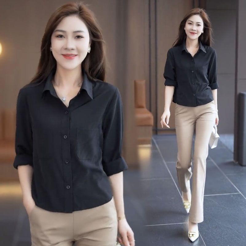 时尚气质衬衫女年早秋季新款长袖百搭显瘦短款小个子洋气上衣|undefined
