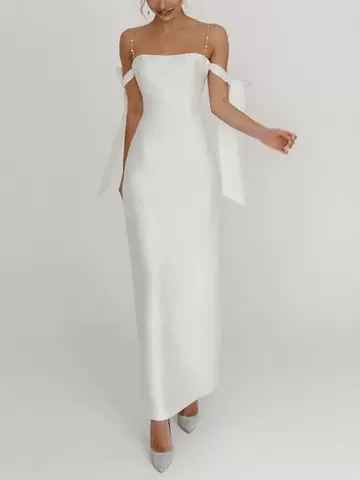 2020 Spring and Summer New European and American Foreign Trade Women's Clothing Amazon Independent Station Sexy Shoulder Pearl Elegant Dress - ShopShipShake