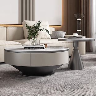 Light Luxury Rock Plate Round Coffee Table Small Size Round Combination Small Apartment Living Room Italian Minimalist Rock Plate Coffee Table TV Cabinet Combination
