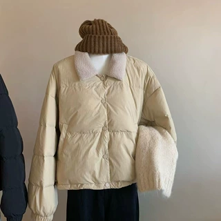 2025羊羔毛拼接翻领短款羽绒棉服女冬季保暖宽松小个子夹棉外套