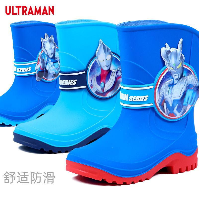 genuine goods Ultraman Children's fleece-lined Rain Boots Boys Medium Tube Rubber Shoes Children Students Baby Water Shoes Non-slip Rain Boots