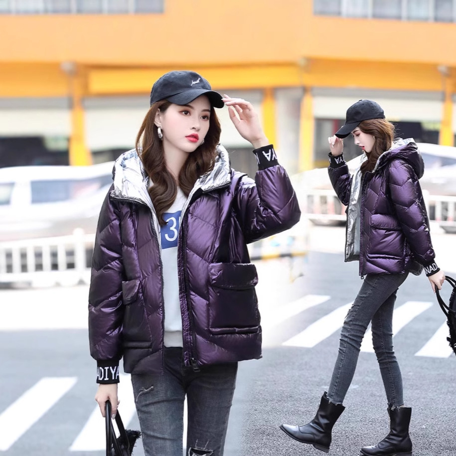 羽绒服女冬时尚针织拼接亮皮免洗高领连帽防风保暖小个子羽绒服