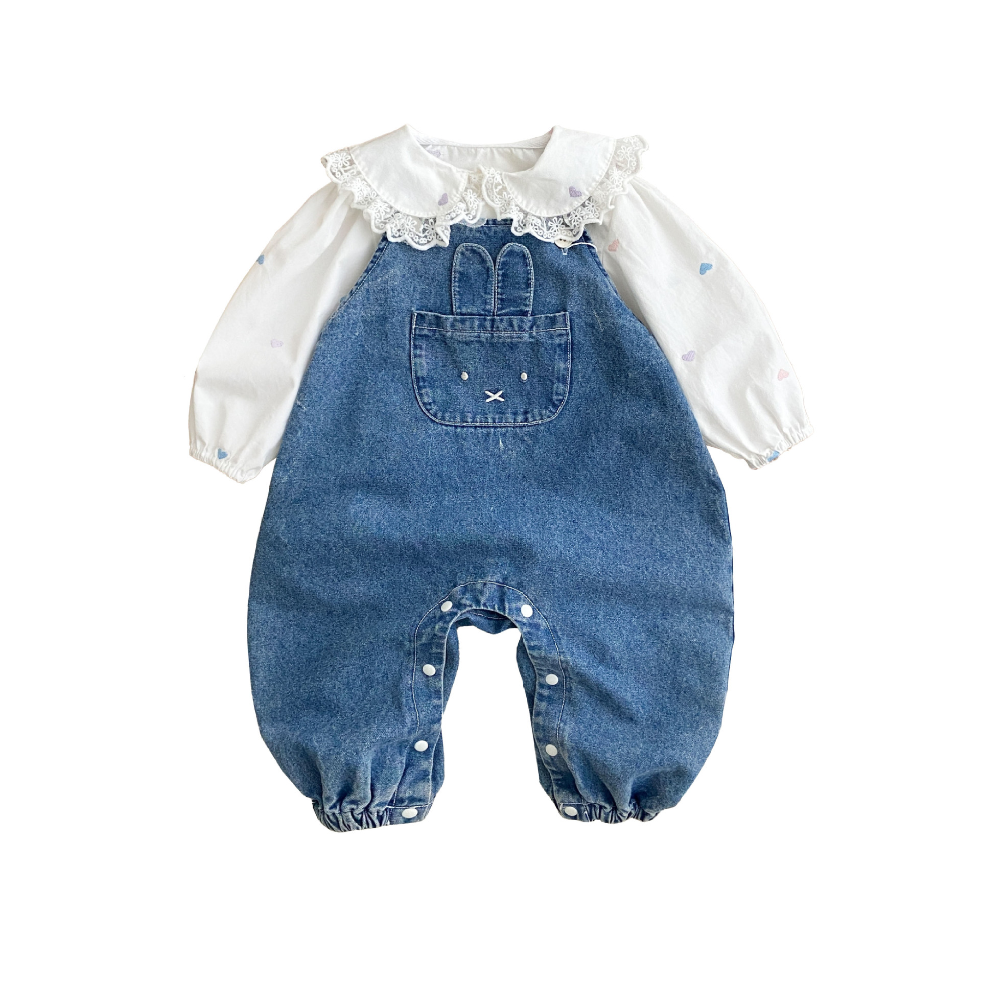 Ropa para niños coreanos 2025 nueva primavera niña bebé 1-3 años traje de mono de mezclilla con volantes de estilo occidental