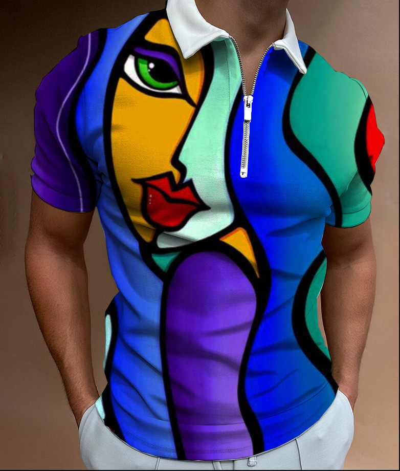 Camisa POLO con cremallera con cuello alto y estampado 3D para hombres urbanos europeos y americanos