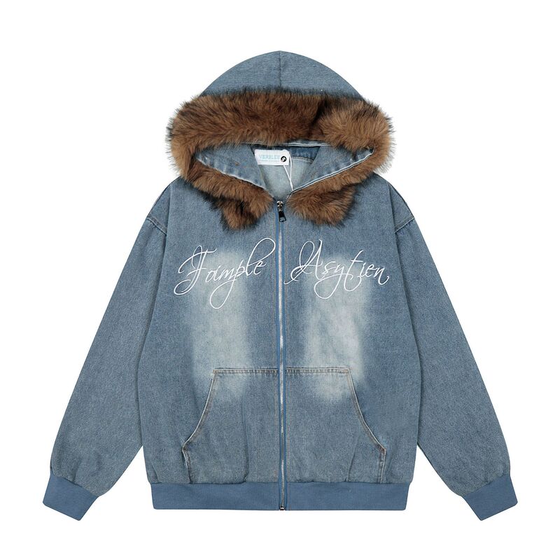 Qihong Clothing Store American Retro Design Fur Collar Denim Letter Trendy Cardigan Loose Men's and Women's Autum Long-Sleeved Sweatshirt