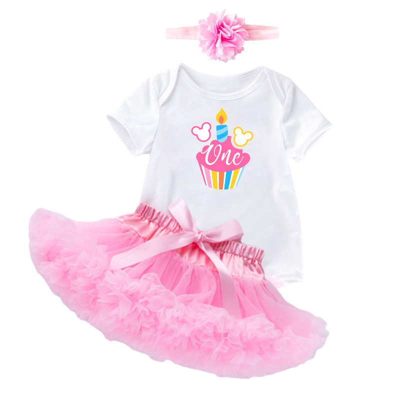 Factory direct selling baby girl foreign-style cute birthday clothes white short-sleeved sweater puffy skirt 3-piece baby children's clothing