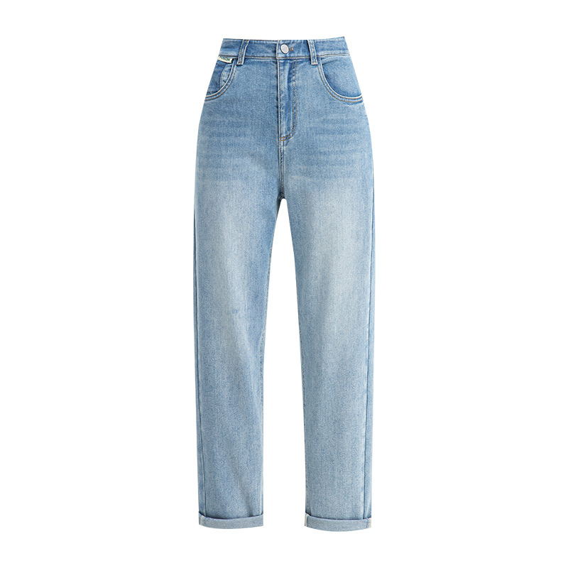 Quần jean nữ cạp cao ống rộng mỏng mùa hè, tôn dáng, viền gấu thời trang — Xanh denim