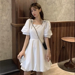 法式气质泡泡袖连衣裙女2025年夏季小众设计感收腰显瘦中长款裙子