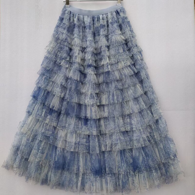 Tie-Dye Ink Print Mesh Skirt plus size Women's Mid-Length Skirt High Waist A- Shaped Cake Fairy Skirt