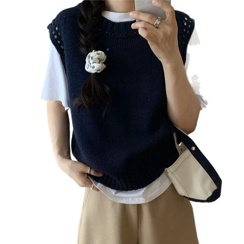 叠穿镂空针织衫毛衣马甲女2025春秋新款外搭圆领背心秋冬毛线马夹|undefined