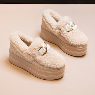 2024 Inner Height Platform Snow Boots Genuine Leather Women's Shoes Cotton Shoes Winter Casual Fashion Single-layer Shoes fleece-lined Warm
