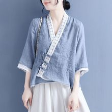 中式女装棉麻茶服民国风上衣蕾丝斜襟盘系带衬衫女假两件夏季复古