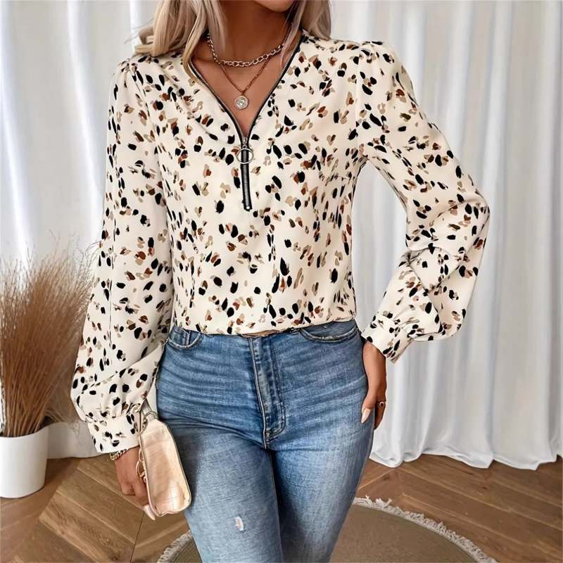 Leopard Print Quarter-Zip Shirt with Elegant Lantern Sleeves