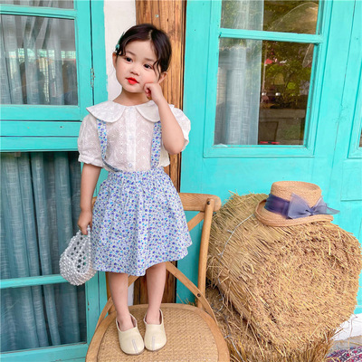 Children's clothing 2021 summer girl Lapel Short sleeved Flower shirt Broken flowers vest Dress Two piece set baby suit