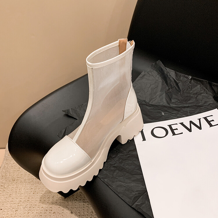 Boot ngắn nữ da thật vải lưới cao gót 6cm mùa hè phong cách Anh thoáng khí — Màu đen, Trắng be chi tiết 83