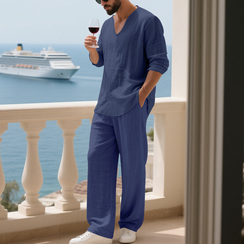 Herren Leinenanzug Für Den Herbst Casual Beach V-ausschnitt Set_voghion.com