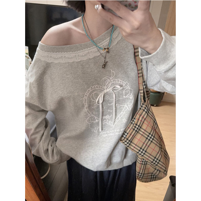 Lace-Trimmed Gray Off-Shoulder Sweatshirt for Women, New Autumn and Winter Style, High-End, Sweet, Slimming, and Figure-Flattering Top, Plus Size for Curvy Women