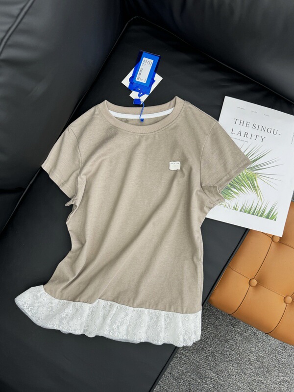 2025 夏カジュアル痩身腹カバーレーススプライシング半袖レディース Tシャツニッチ ADERH 新しいトップ|undefined