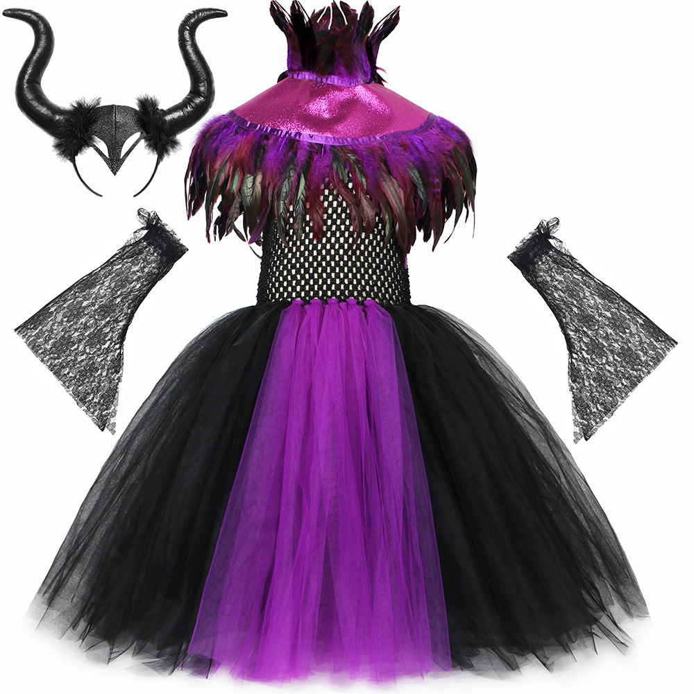 Kinderkleding kinderkleding Halloween kinderheksenkostuum Sleeping Curse meisjesjurk verensjaal paarse en zwarte jurk_voghion.com